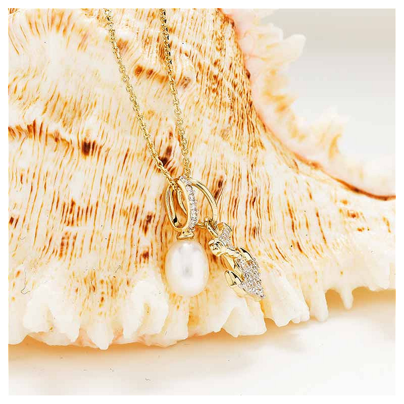 14kt Gold Lab Diamond/Freshwater Pearl Anchor Necklace