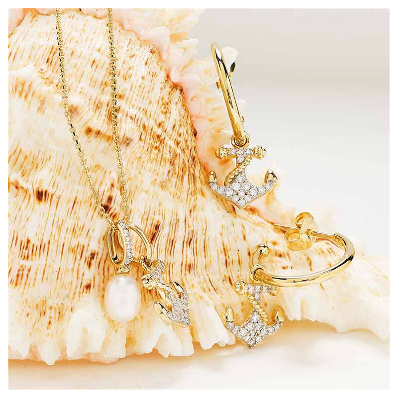 14kt Gold Lab Diamond/Freshwater Pearl Anchor Necklace