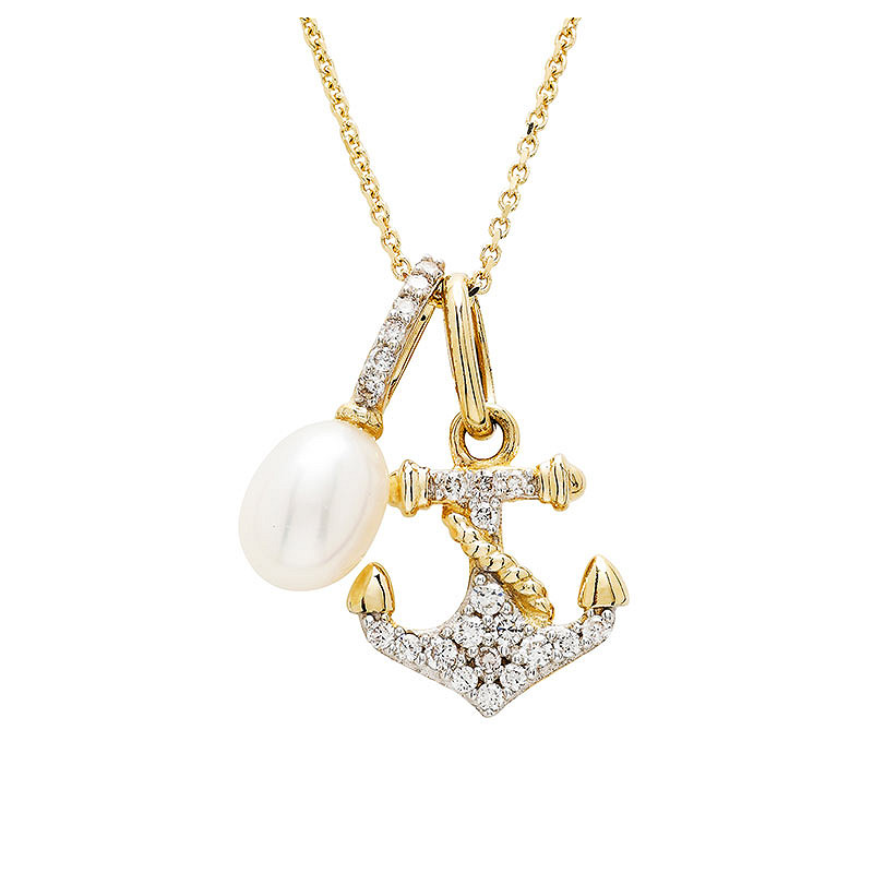 14kt Gold Lab Diamond/Freshwater Pearl Anchor Necklace