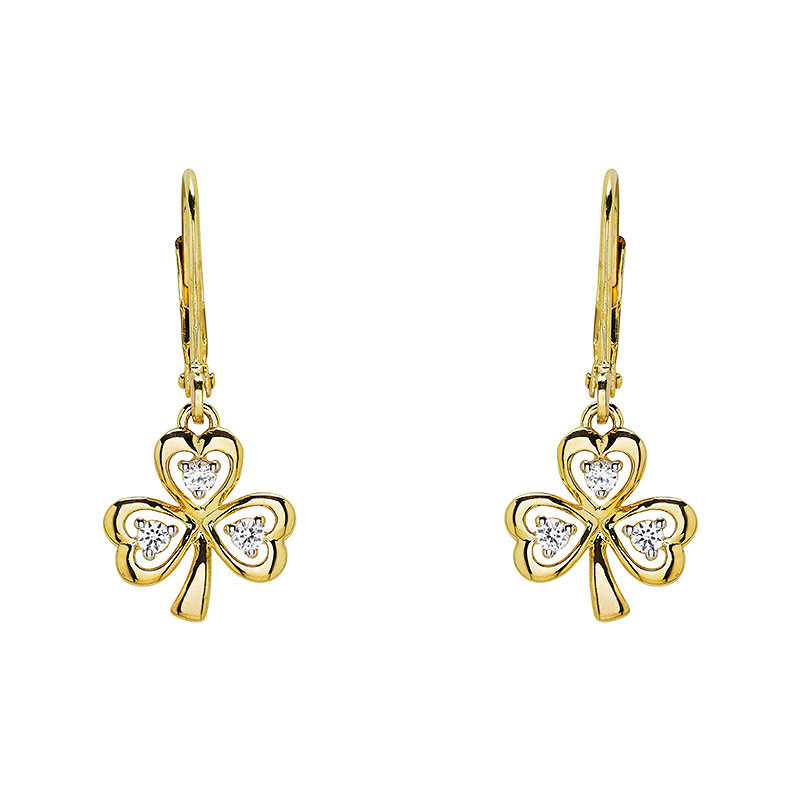 14kt Gold Vermeil Drop Shamrock white Sapphire Earrings