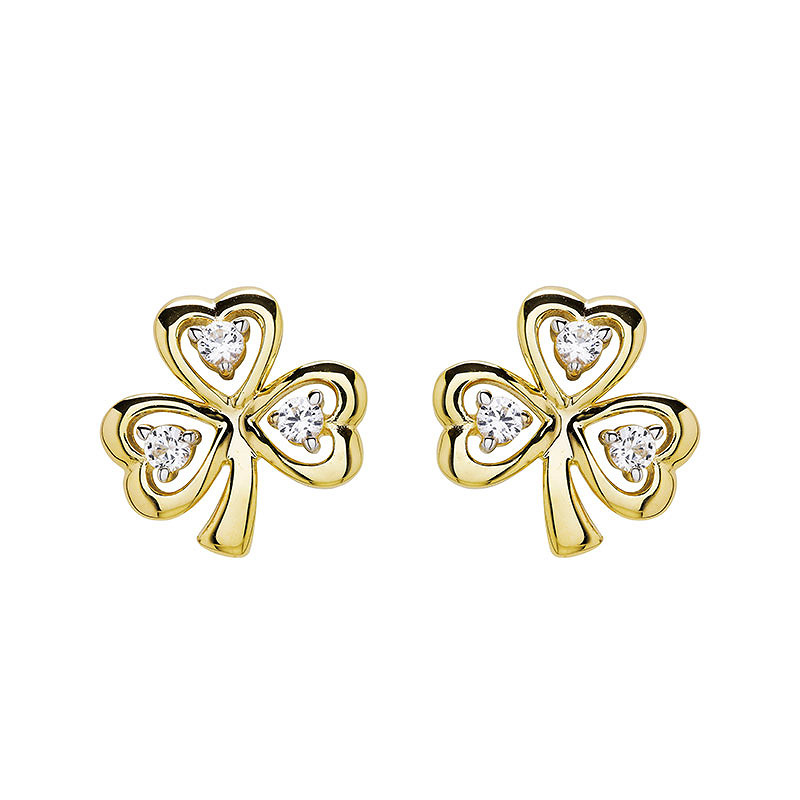 14kt Gold Vermeil Stud Shamrock white Sapphire Earrings