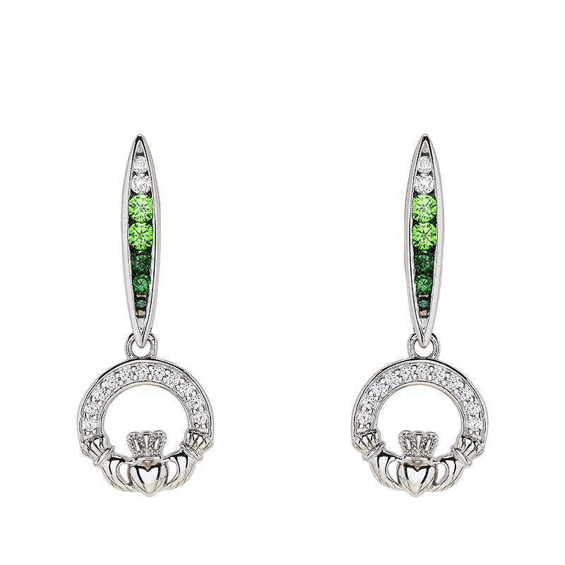 Sterling Silver Green/white CZ Claddagh Earrings