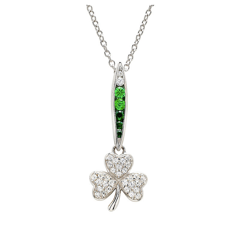 Sterling Silver Green/white CZ Shamrock Necklace