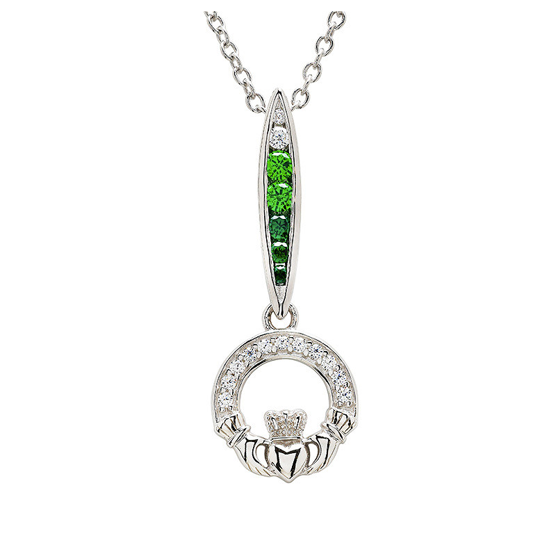 Sterling Silver Green/white CZ Claddagh Necklace