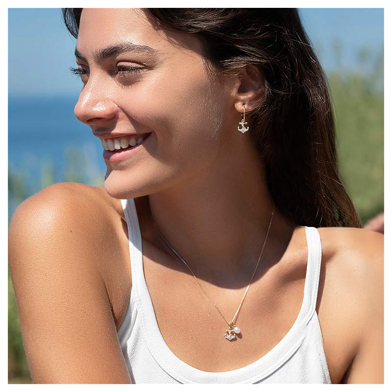 14kt Gold Lab Diamond/Freshwater Pearl Anchor Necklace